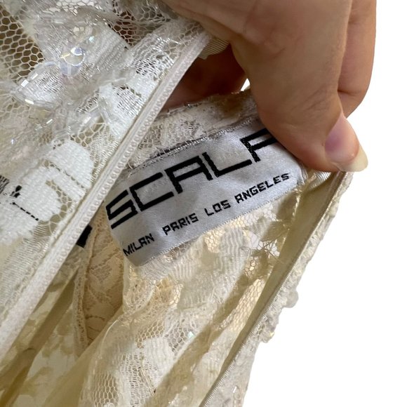 Vintage 90s Scala Cream Lace Sequin Long Sleeve Full Length Dress Small - Picture 6 of 12